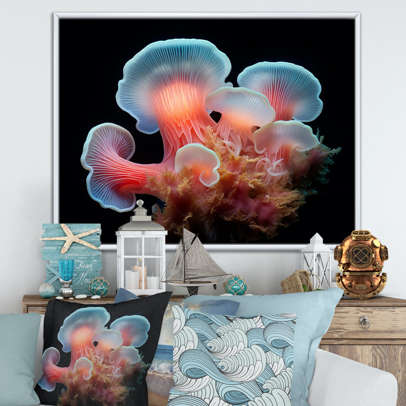 Récif corail et anémone noire - salon d'art mural plage et océan, Cadre flottant blanc, H 24 po x l 32 po x P 1 po