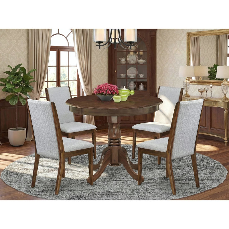 5 Piece Dining Table Set Contains a Round Kitchen Table with Pedestal and 4 Grey Parson Chairs, Antique Walnut, Gray