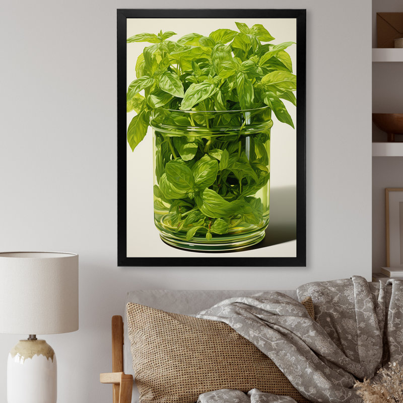 «Green Minimalist Herbal Harmony II - Floral Herbs», art mural, Gold Picture Framed, 20" H x 12" W