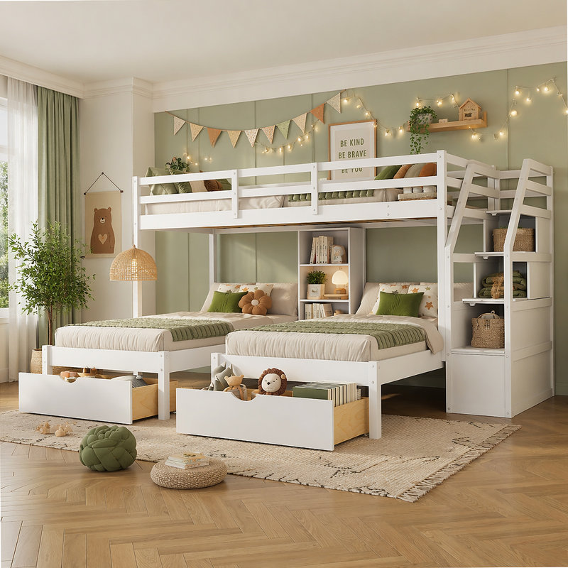 Lit superposé simple au-dessus de simple et simple, lit superposé triple avec tiroirs, escalier avec rangement, tablettes intégrées, blanc (ETA: 1,14)