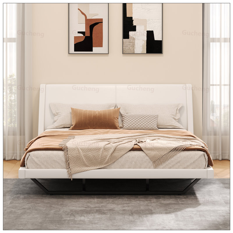 Lit plateforme en similicuir avec design élégant et lattes silencieuses pour un sommeil confortable, Très grand lit, Blanc