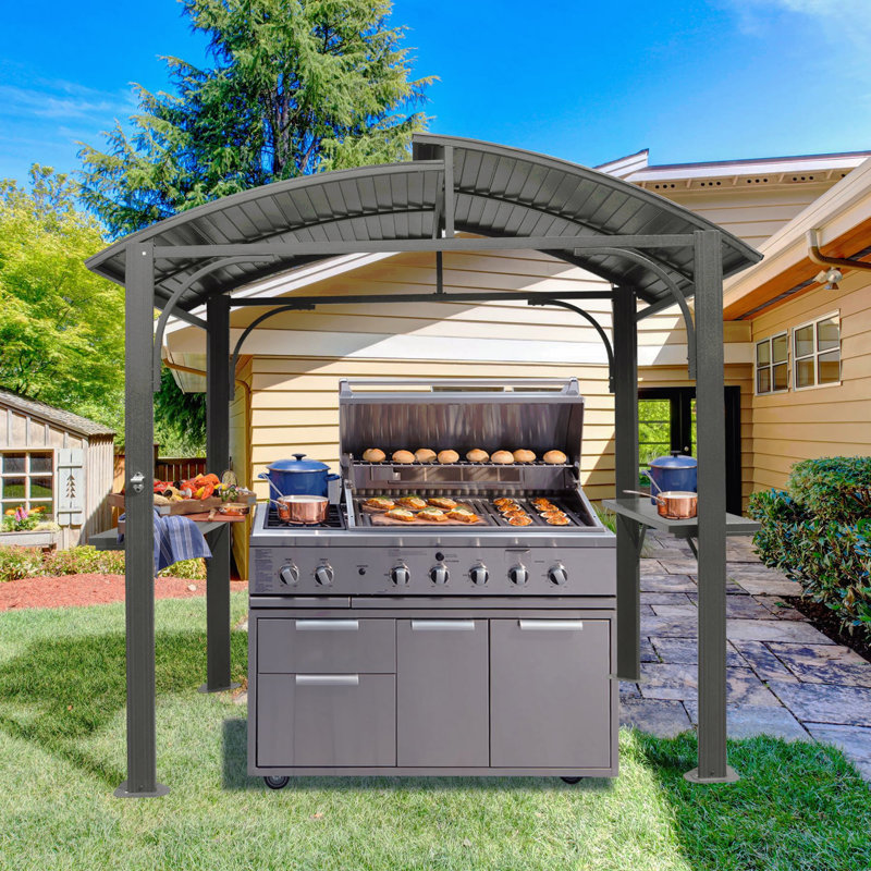8X5FT Grill Gazebo Steel, For Outdoor Use With Double Galvanized Steel Roof & Side Shelves (Grey), Gray