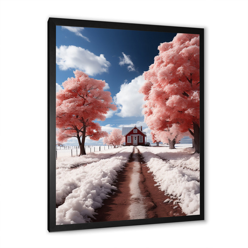 Arbres roses dans la neige champêtre - art mural floral, salon, H 20 po x l 12 po x P 1 po, Cadre photo noir