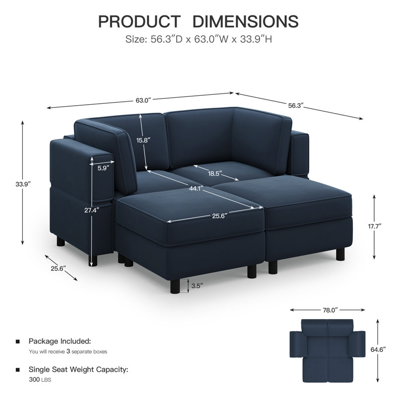 Canapé modulaire avec deux repose-pieds, Velours bleu