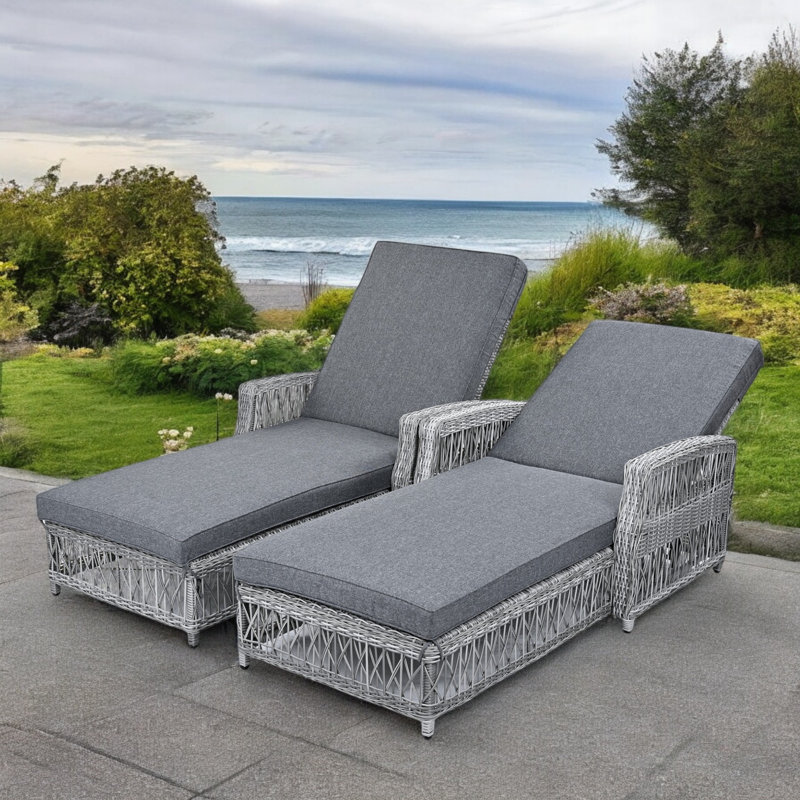 Outdoor Wicker Chaise Lounge With Cushions, Gray, 2 Pieces