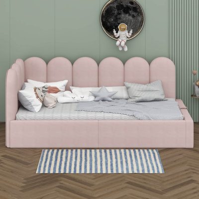 Twin Size Upholstered Daybed With Scallop-Shaped Guardrail And Hydraulic Storage, Velvet Ottoman Sofa Bed, Metal Slatted Frame