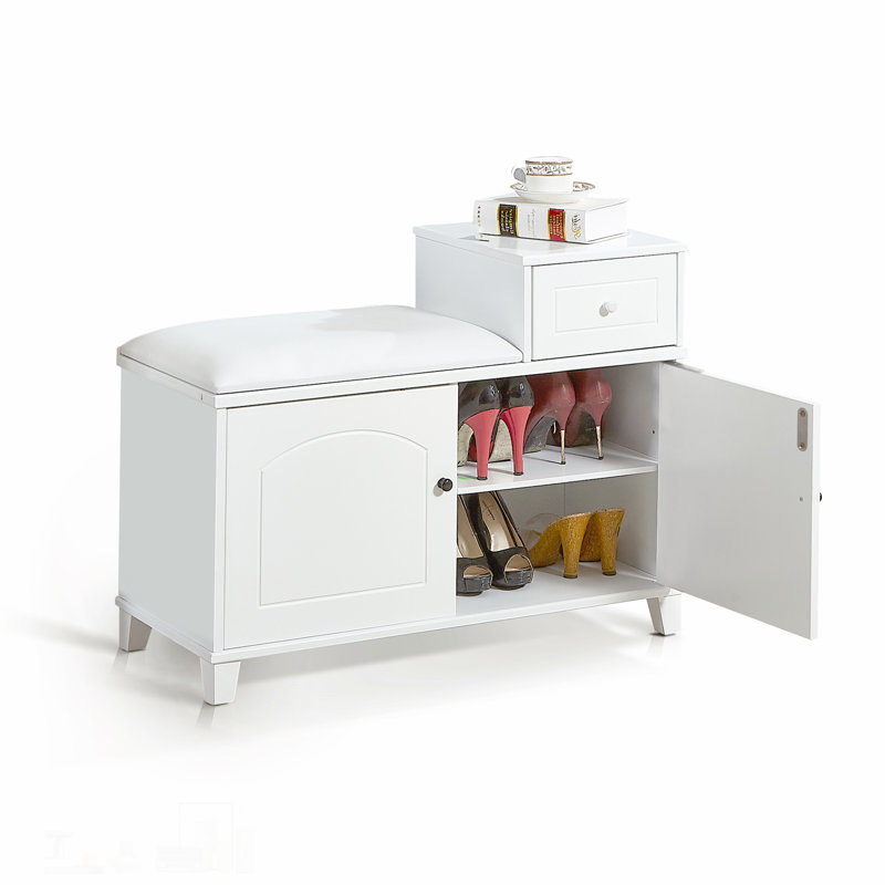 Banc de rangement blanc pour chaussures avec coussin ignifuge, tablettes réglables, portes doubles et tiroir mobile pour optimiser l'espace d'entrée