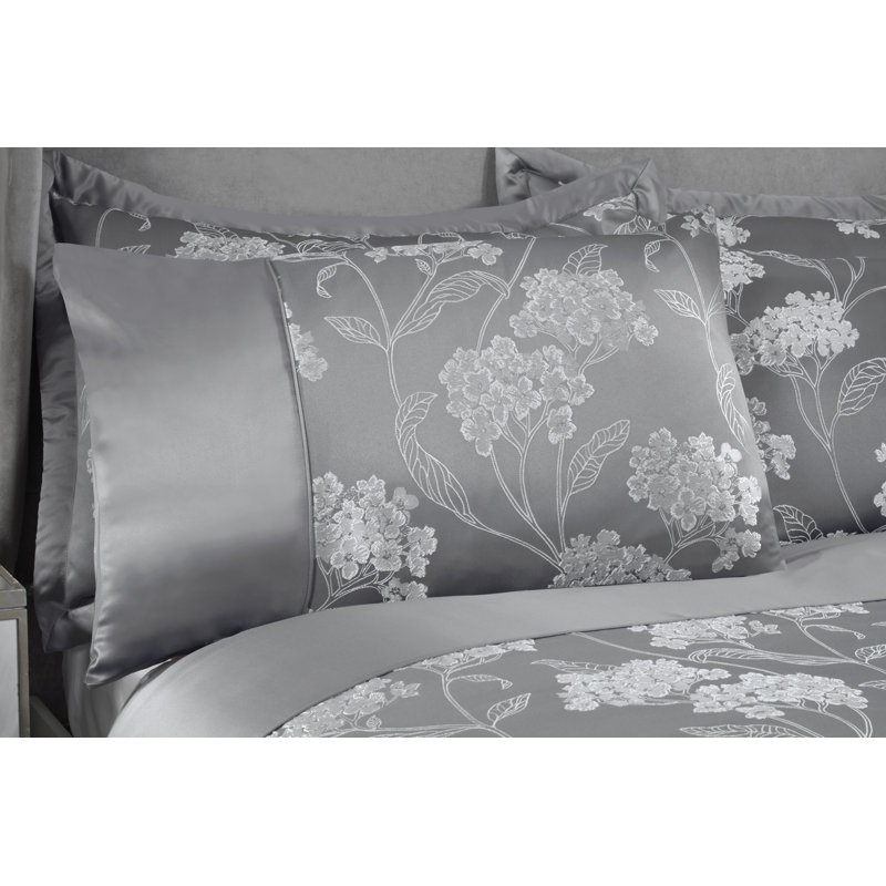 Blossom Satin Floral Bedding with Pillowcases, Silver, Single
