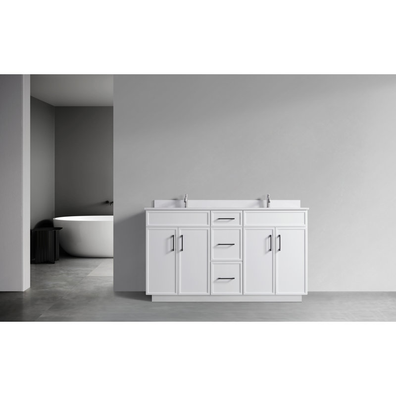 60" White Double Sink Freestanding Bathroom Vanity with Cultured Marble Top