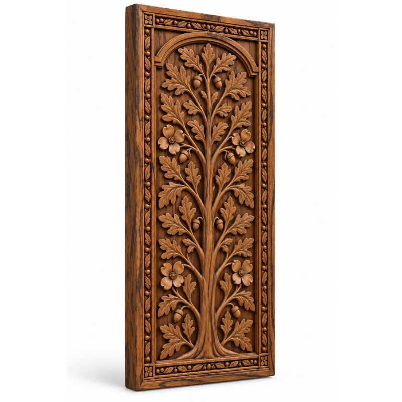 Hand-Carved Solid Teak Oak Tree Wall Panel with Dogwood Blossoms