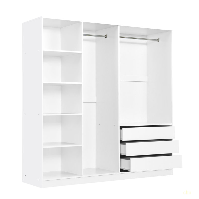 Doorless Wooden Storage Wardrobe For Dedroom With Shelves And 3 Drawers, White