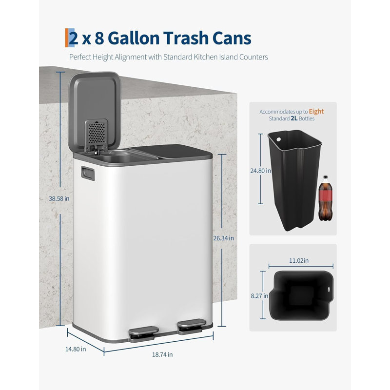 2 poubelles de cuisine en acier inoxydable à deux compartiments avec bac à recyclage, White