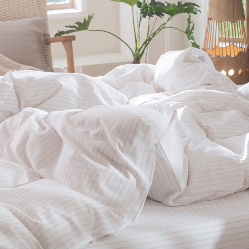 MooMee Striped Duvet Cover Set 100% Washed Cotton Linen Like Textured, California King Duvet Cover + 2 King Pillowcases