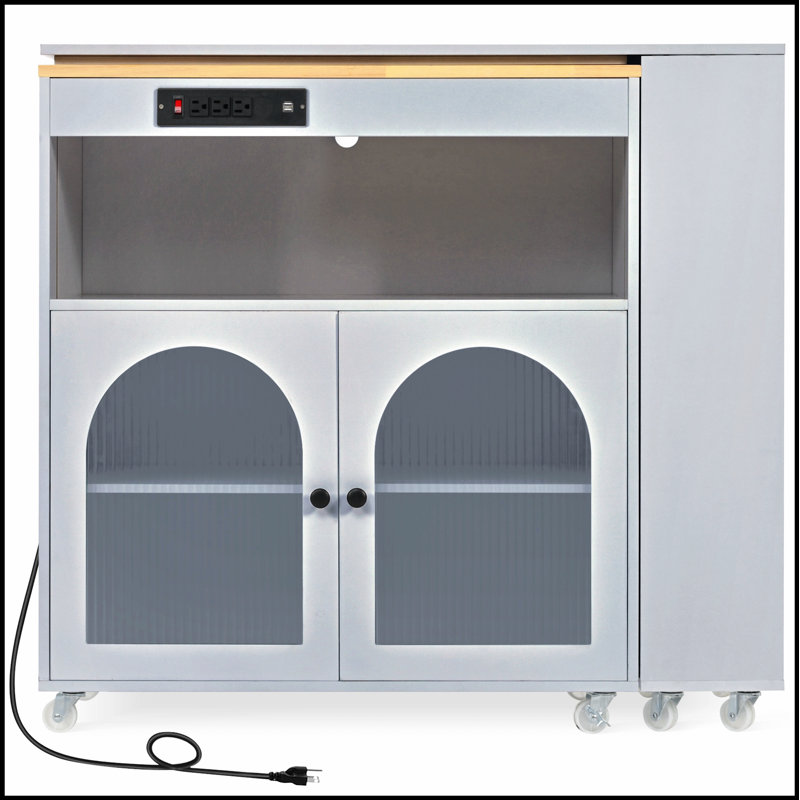Rolling Kitchen Island with Extended Table and LED Lights, for Flexible and Functional Kitchen Organization, Gray