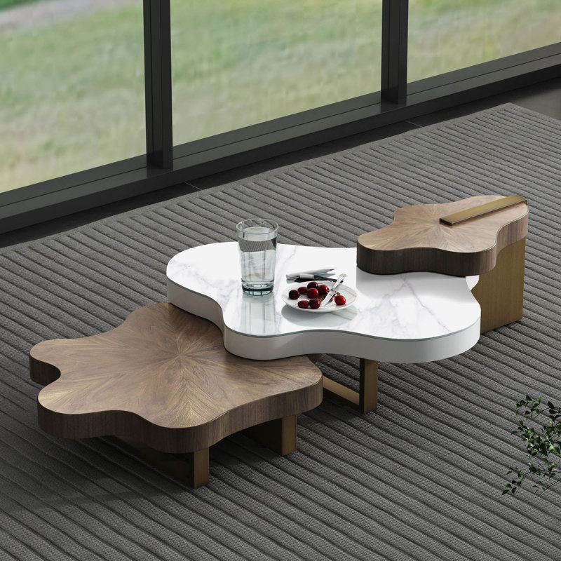 Ensemble de 3 tables basses gigognes rectangulaires en bois de noyer de 63 po avec plateau en faux marbre pour salon, bureau, noyer et blanc