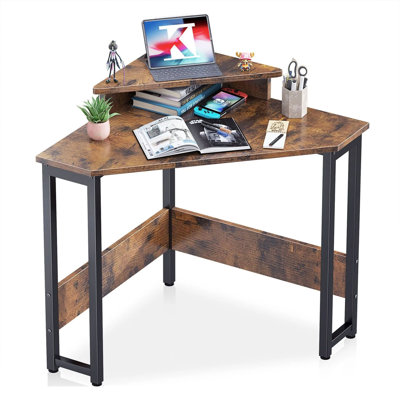 Modern Triangle Corner Computer Writing Desk w/ Monitor Stand, Rustic Brown