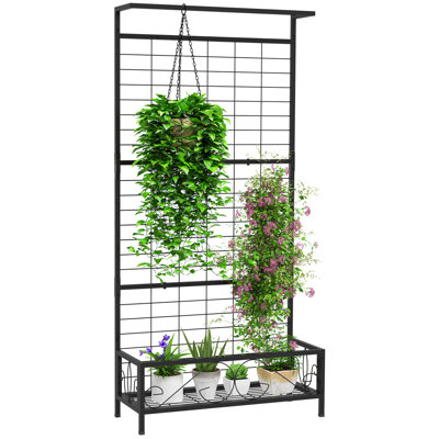 Tall Plant Stand with Trellis and Hanging Bar, Metal Plant Holder Flower Stand for Vine Climbing Plants Flowers Indoor Outdoor Use, 36" x 12.8" x 74"