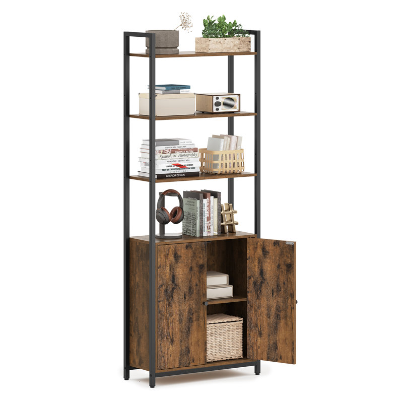 Adyaan 60cm W Steel Etagere Bookcase, Rustic Brown/Ink Black