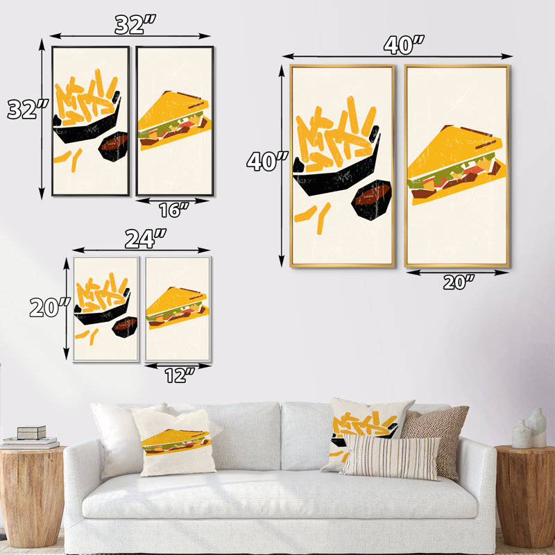 «Organic Vintage Hipster Fast Food IV», ensemble de 2 impressions, H 32 po x l 32 po x P 1 po, Toile avec cadre doré