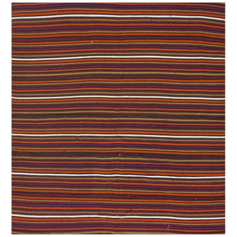1950s Multicolor Ground Geometric Vintage Turkish Kilim Flatweave Square Rug 5'3" x 5'7" Area Rug