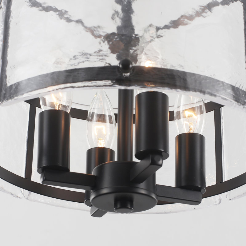 4 - Light 12.16'' Modern Industrial Drum Candle Semi Flush Mount Ceiling Light Fixture With Glass Panels Shade, Matte Black