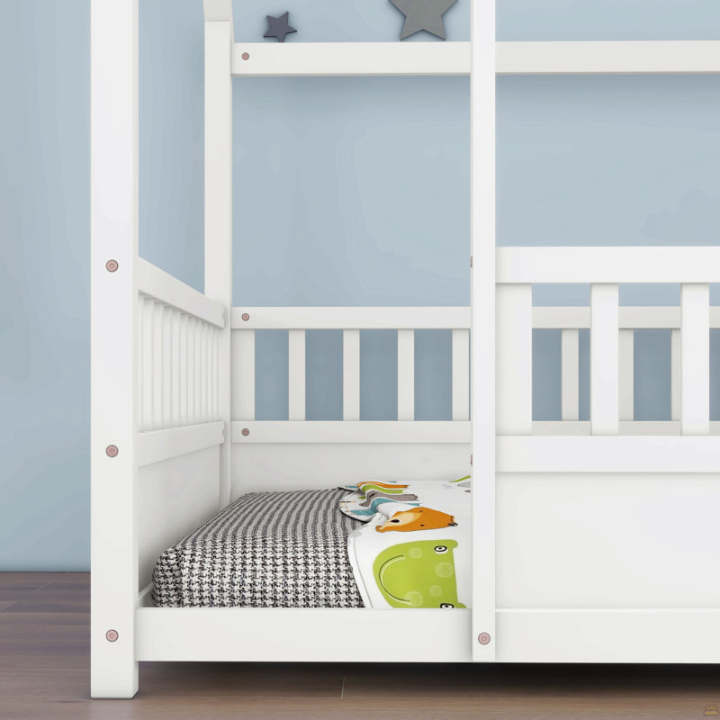 Lit en bois pleine grandeur avec cadre de toit, Lit double, Blanc
