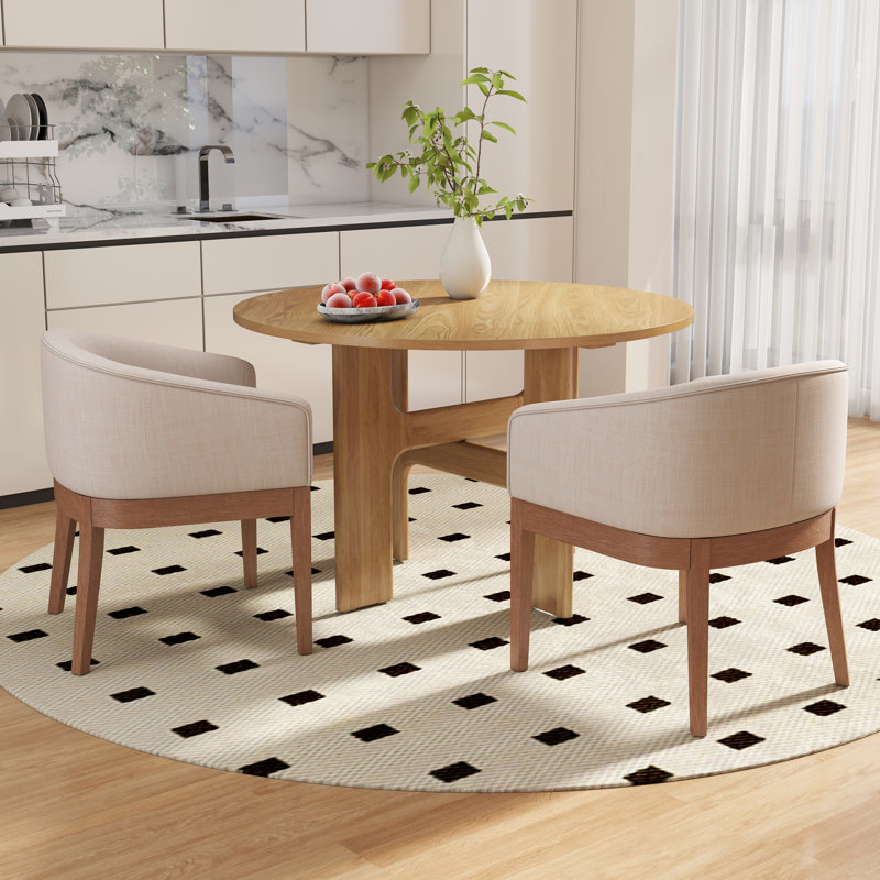 Modern Farmhouse 5-Piece Round Dining Set - Solid Wood Table With X-Base & Upholstered Bucket Chairs, Natural, Beige/Brown
