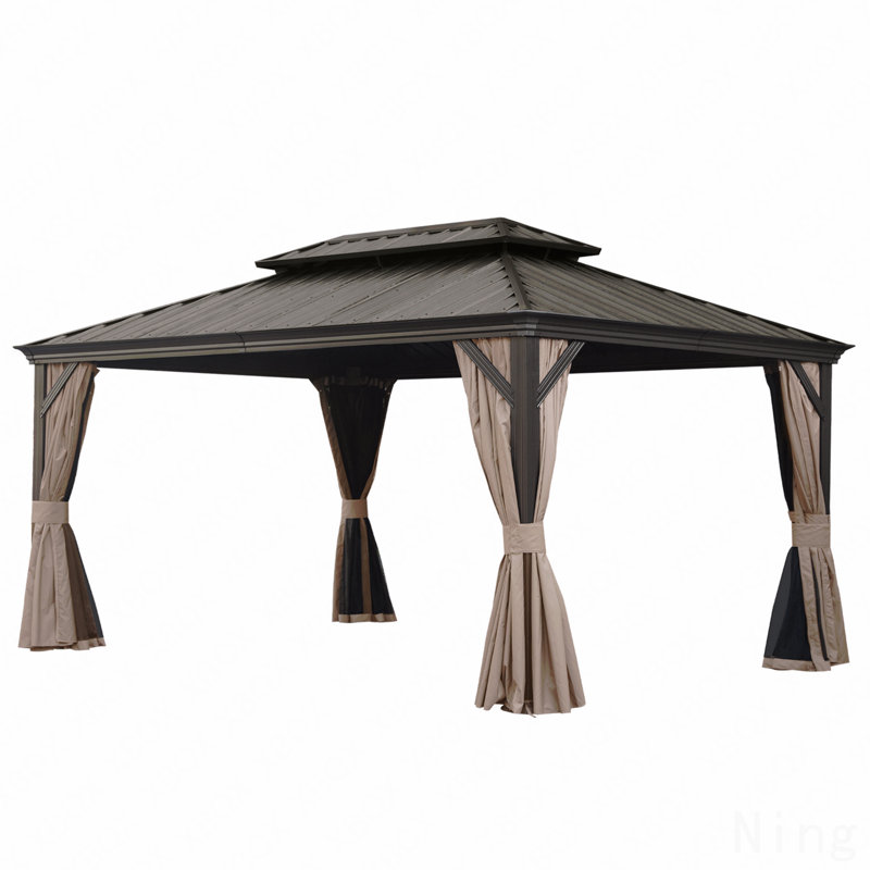 12X16FT Gazebo Metal, Mosquito Net For Outdoor Use With Galvanized Steel Double Roof & Drainage System (Brown), Brown