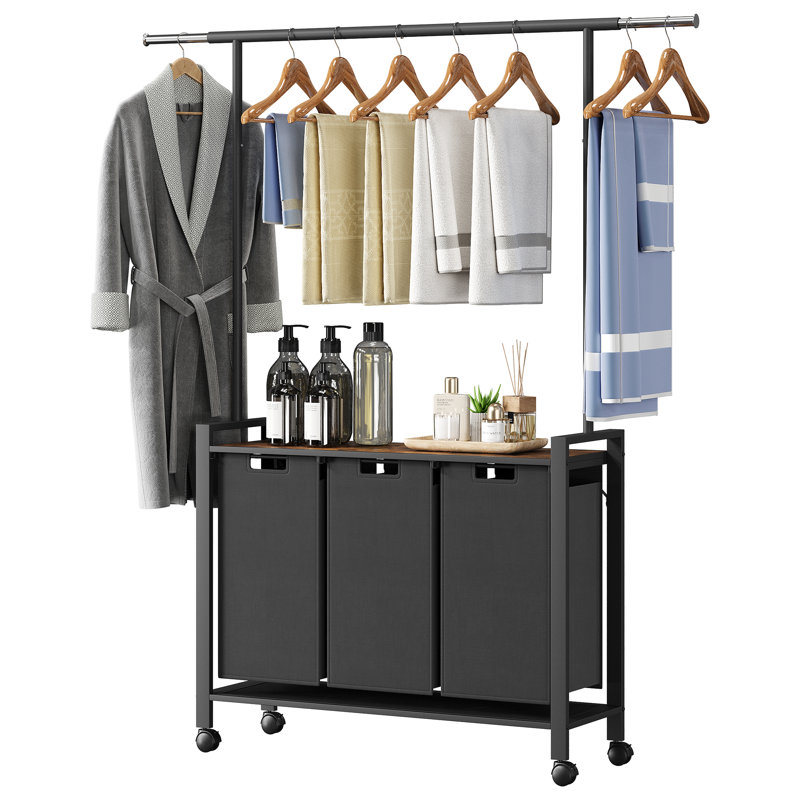 Chariot de trieur à linge robuste avec 3 sacs Oxford 13 gallons amovibles, une tringle de suspension extensible, une tablette de rangement et des roues pivotantes verrouillables pour l'organisation de la salle de lavage