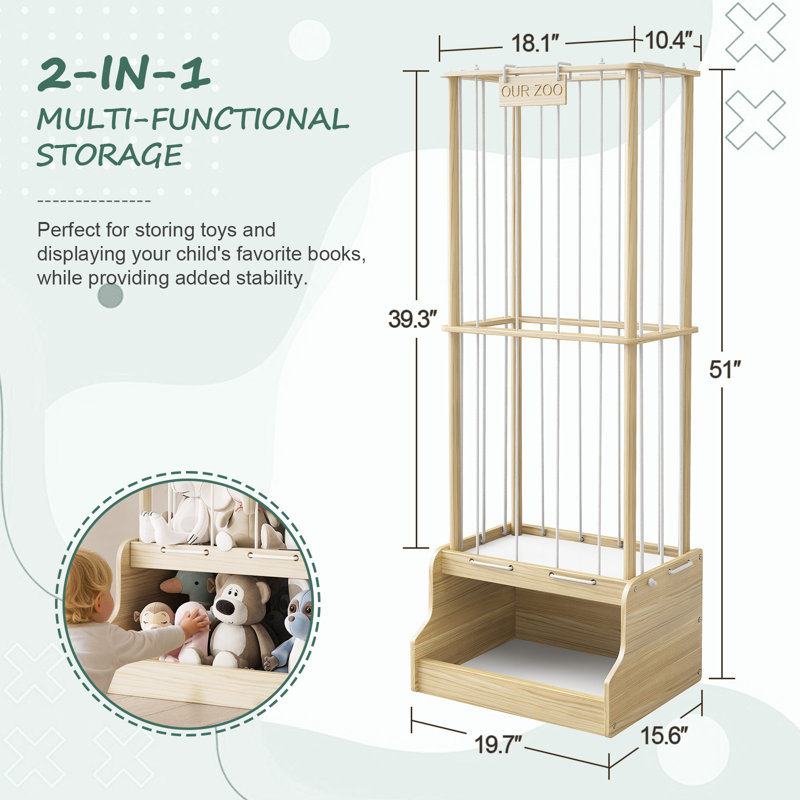 Solid Wood 2-in-1 Stuffed Animal Storage With Sturdy Cube Base & Elastic Rope, Space-saving Toy Storage For Playroom, Nursery Or Bedroom
