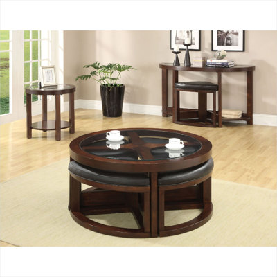 Table basse ronde en bois massif brun riche avec insert en verre et 4 repose-pieds, mobilier de salon multifonctionnel