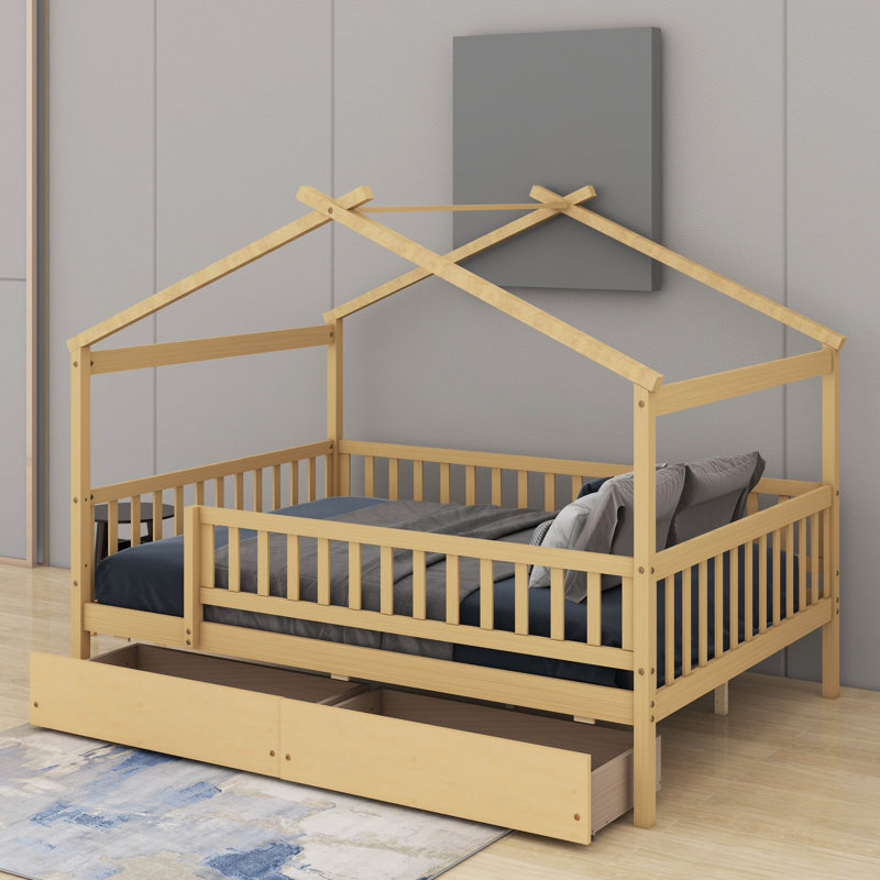 Lit double en bois avec tiroirs, Full, Naturel