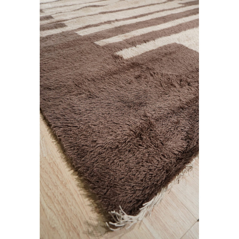 Brown Hand-Knotted Wool Staggered Earth Stripe Geometric Modern Contemporary Carpet Rug, 9' x 12'
