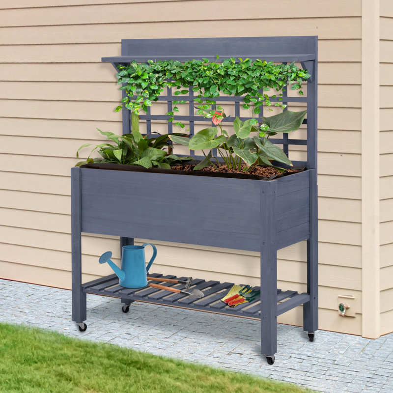 41" Raised Garden Bed With Trellis On Wheels, Wooden Elevated Planter Box With Legs And Bed Liner, For Flowers, Herbs & Vegetables, Gray