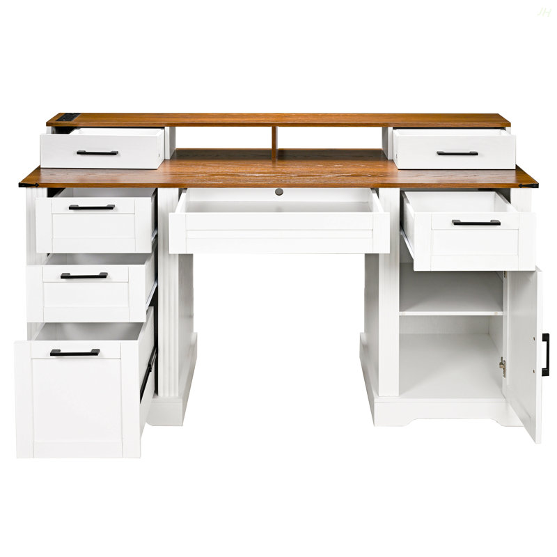 59" Farmhouse Office Desk With  Charging Station & Storage Cabinet, Barn Door Design Home Study Desk With File Drawer, Monitor Stand And Keyboard Tray For Office, Study, Living Room
