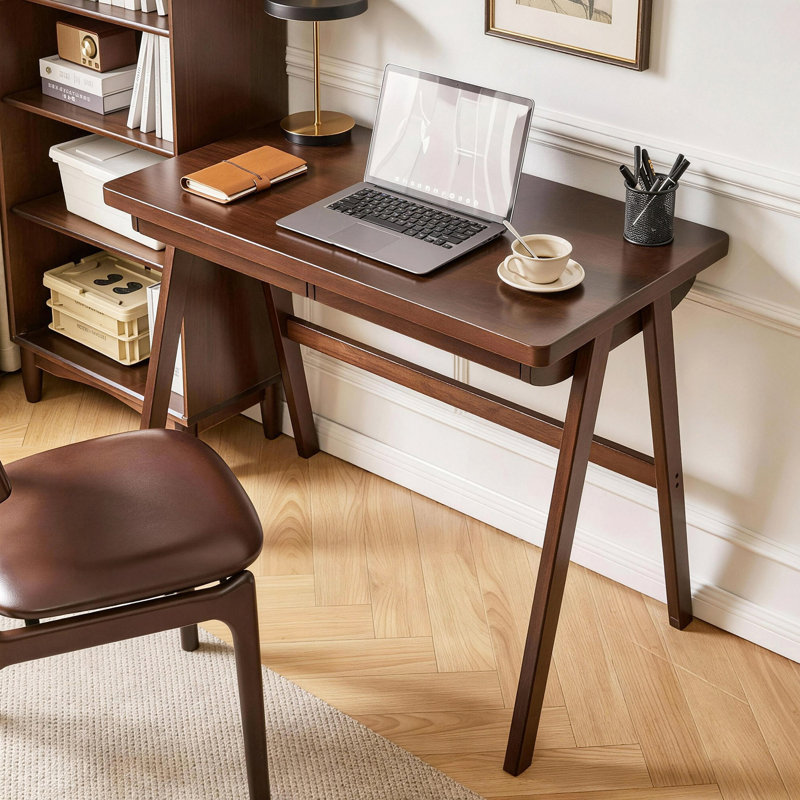 Bureau d'ordinateur 100% bois d'hévéa massif, bureau d'écriture rétro en noyer avec tiroir, structure robuste en A, table d'étude de bureau à domicile standard de 39,37 po x 21,65 po, 0,71 po d'épaisseur