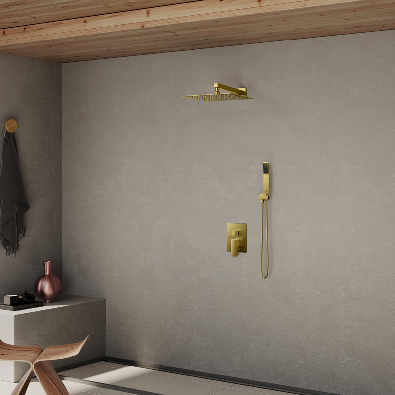 12 inch Bathroom Wall Mounted Rainfall Shower Head System with Faucet Rough-in Valve Body and Trim, Brushed Gold