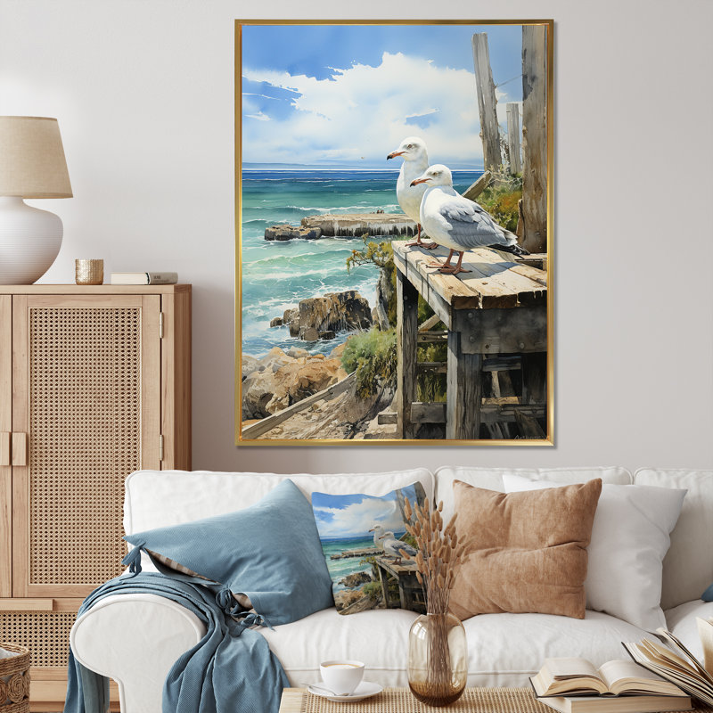 Burneyville Seagulls In Repose At Beach II sur toile, Cadre flottant doré, H 20 po x l 12 po x P 1 po