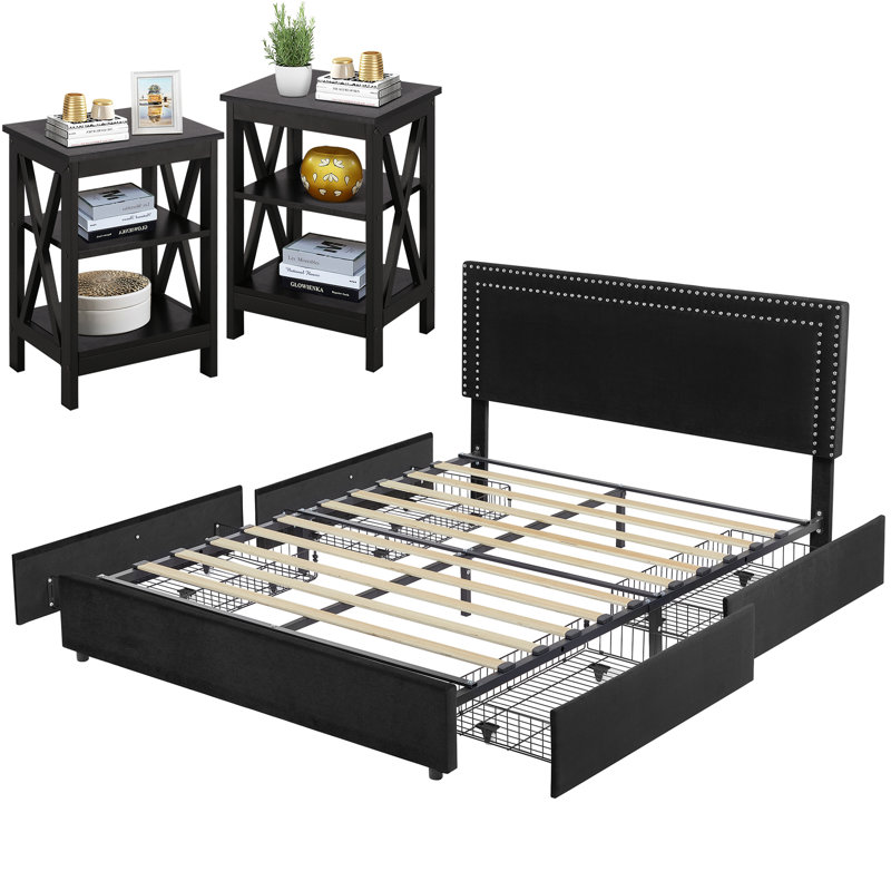 Ensemble de lit avec rangement à 4 tiroirs et table de chevet à 3 niveaux avec lit plateforme en velours et rangement sous le lit