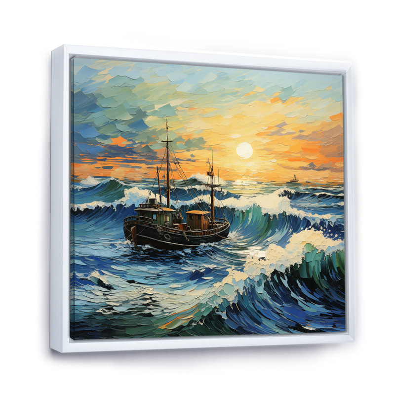 Vangogh paysage marin avec pêche en V, H 36 po x l 36 po x P 1,5 po, Cadre flottant blanc