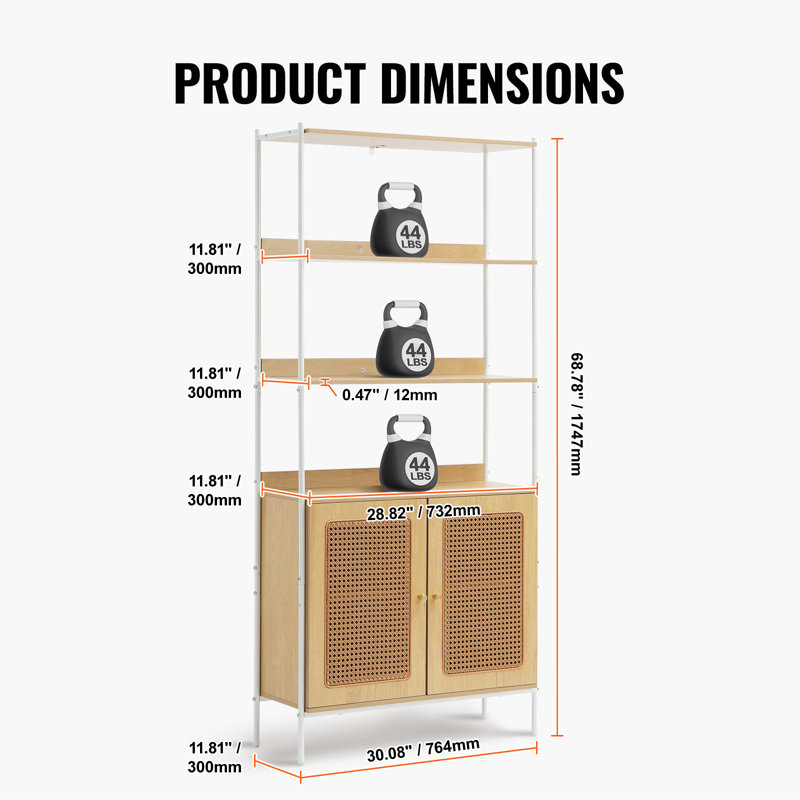 Rattan Bookshelf Ladder Shelf with 2 Doors Rectangle Storage Rack Natural