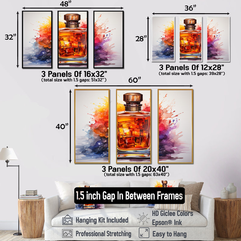 Orange orange bouteille de parfum 1 - Parfums, art mural, H 28 po x l 36 po, Cadre flottant noir