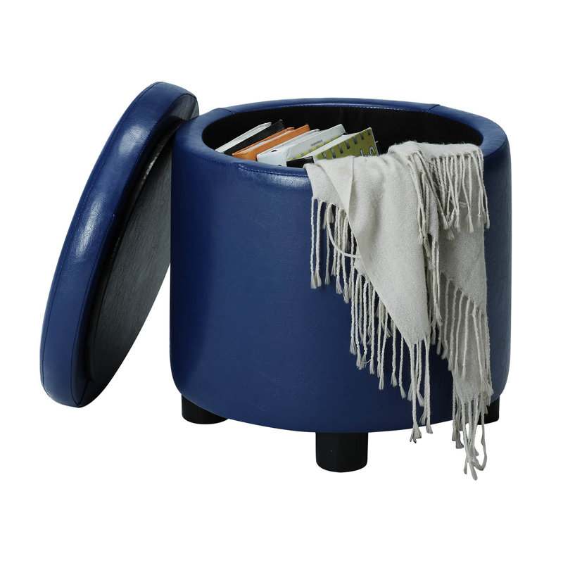 Repose-pieds de rangement rond en similicuir de 15,75 po avec couvercle réversible Ahl Arsy, Similicuir bleu