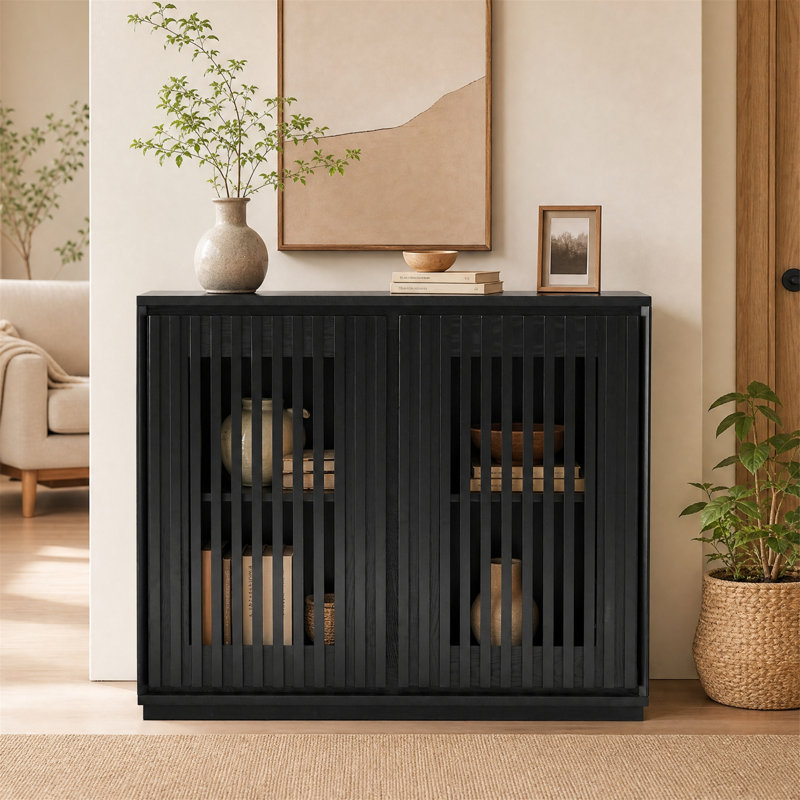Buffet Mid-Century cannelé avec rangement et 2 trous de sortie, noir, Noir