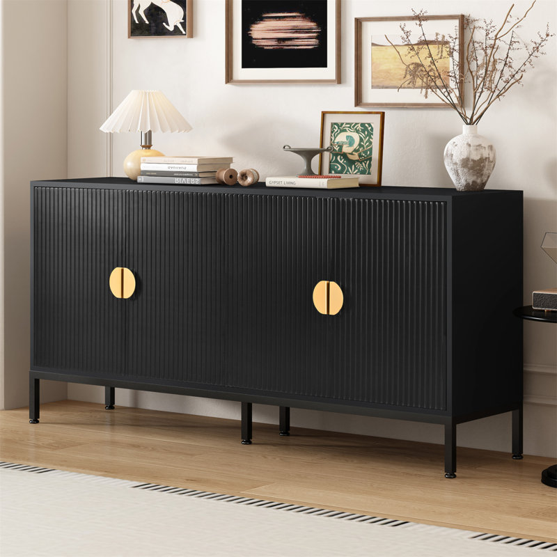 Exquisite Four-Door Sideboard With Stylish Metal Legs And Patterned Doors For Versatile Use, Black