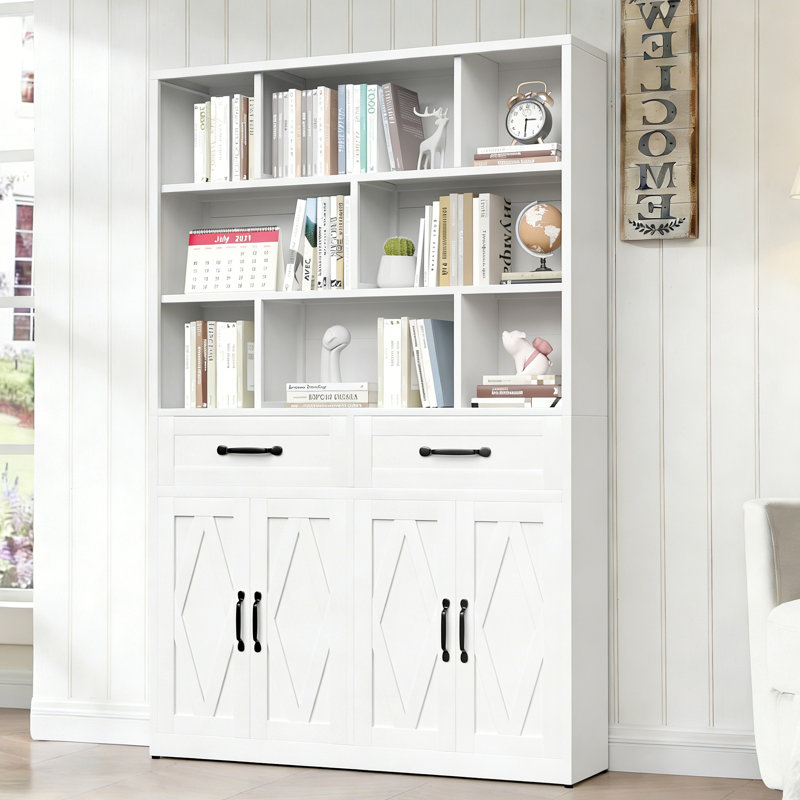 Bibliothèque de 71 po en métal avec 2 portes et 2 tiroirs, armoire de rangement haute avec tablettes ouvertes fixes pour bureau à domicile, salon, bibliothèque moderne