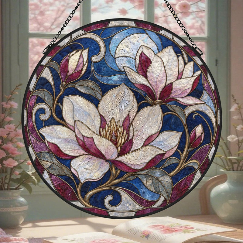Vitrail Fleur de magnolia, impression d'art circulaire, panneaux de vitrail, attrape-soleil pour la décoration de fenêtre