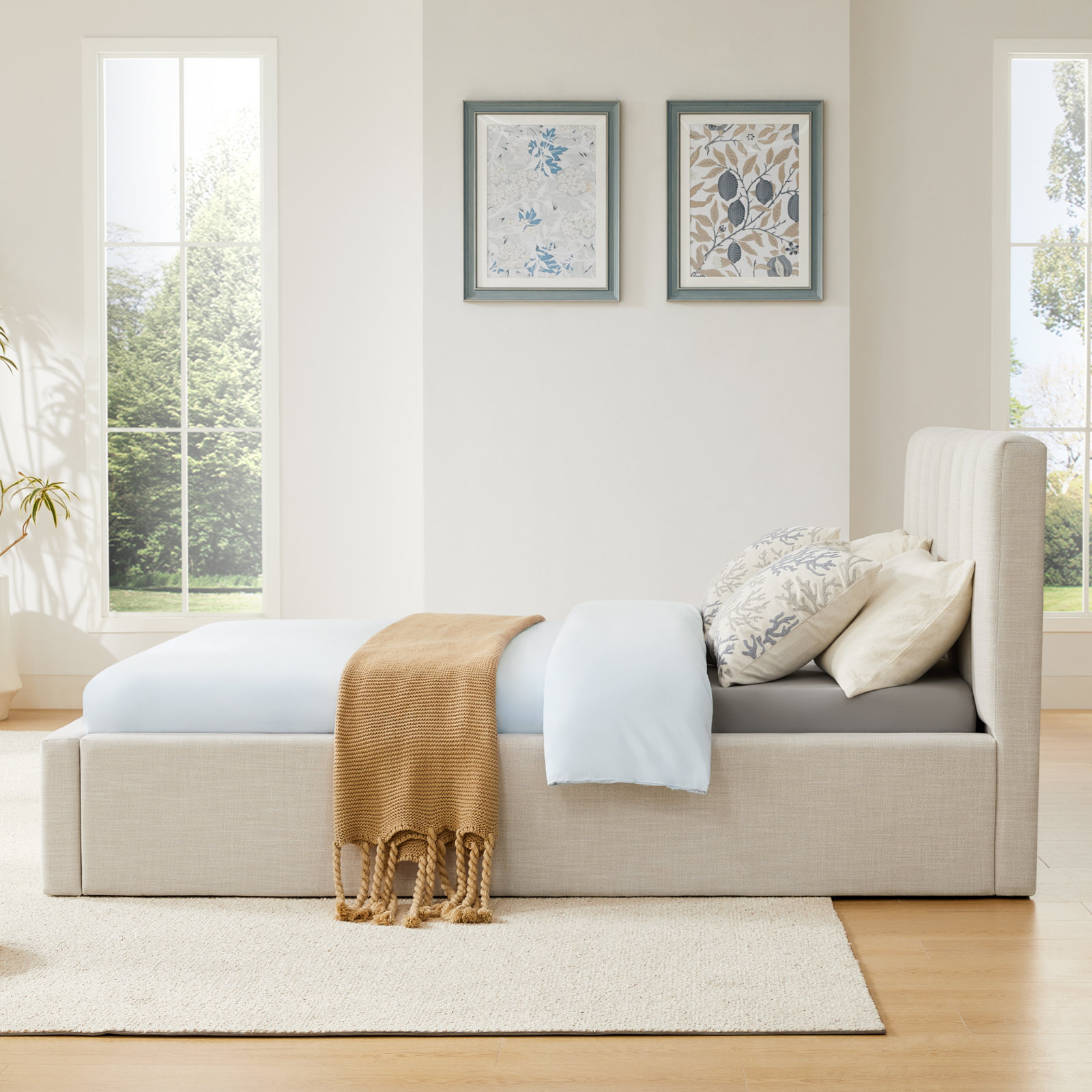 Delmar Linen Upholstered Bed, King, Effie Linen Performance Linen