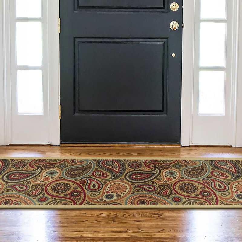 Contemporary Red and Beige Paisley Runner Rug with Non-Slip Backing