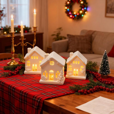 Céramique maisons de village de Noël, 3 pièces de figurines de table blanches en porcelaine éclairée à DEL, décorations de Noël pour la maison